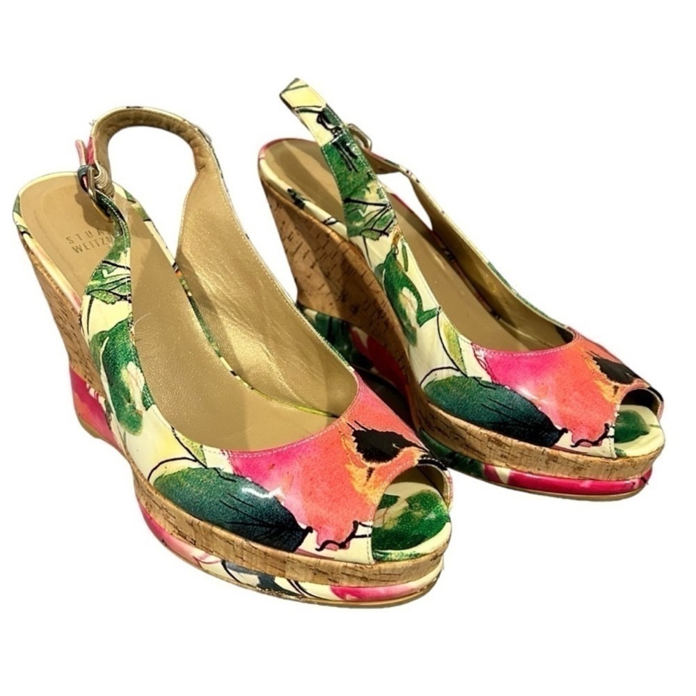 Stuart Weitzman Colorful Floral Peep Toe Wedges Cork Platform Slingback VGC 8.5